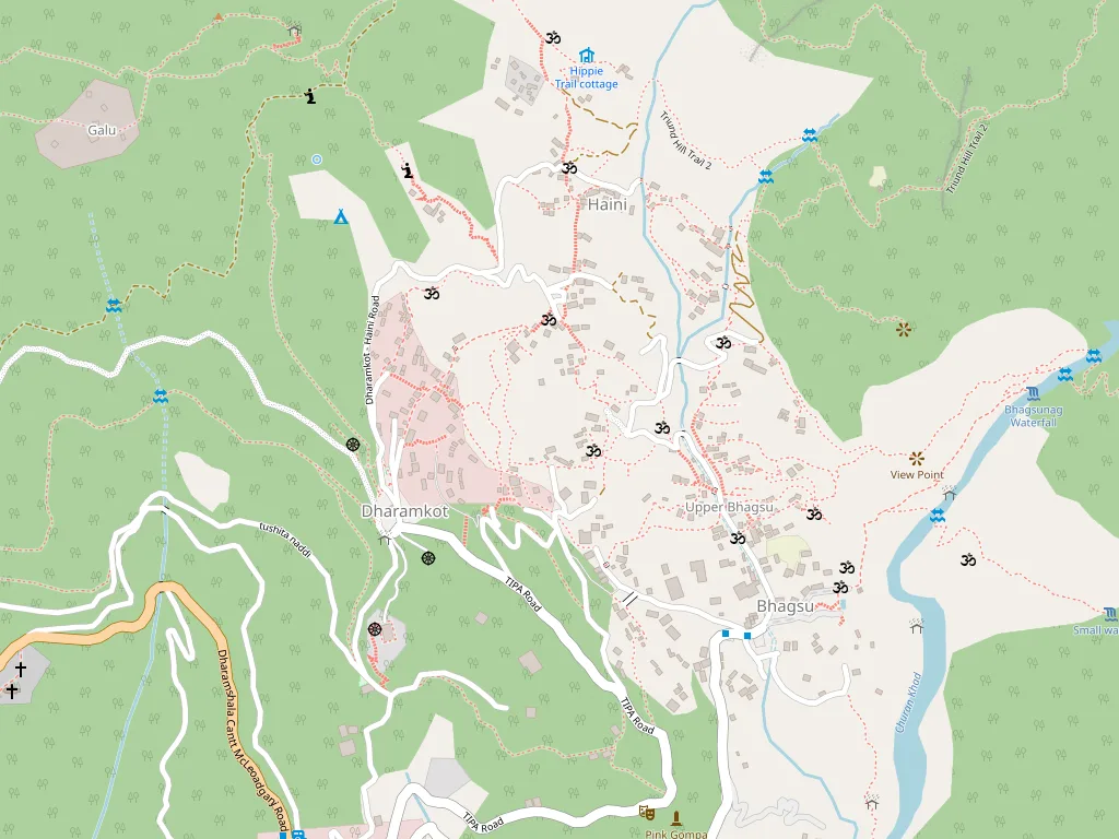 Map of Dharamkot showing Eevolve Hostel and Soma House, with Bhagsu, Upper Bhagsu and the Gallu trail nearby