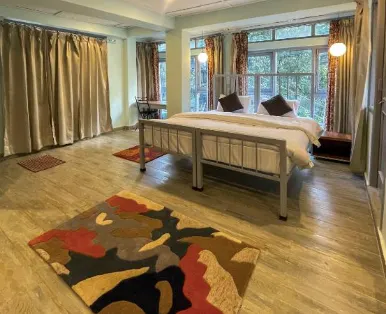 A private room with a patterned rug and forest-facing windows